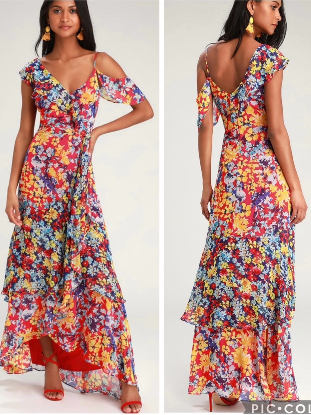 Lulus  Ruby Red Floral Print Chiffon Ruffles Maxi Dress
